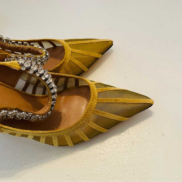 Faux Velvet Mustard Rhinestone Crystal Arch Heels Mules - Picture 5 of 10